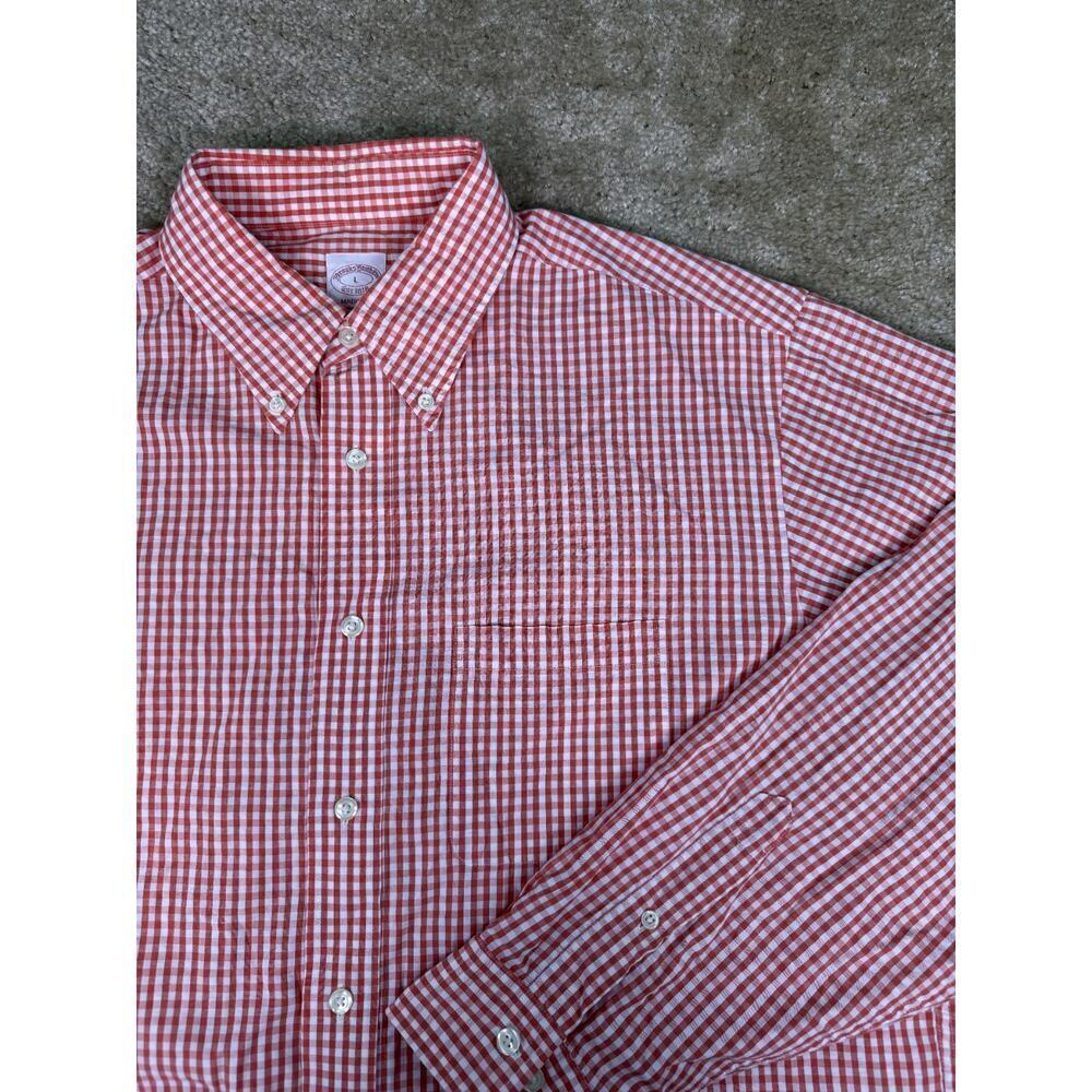 BROOKS BROTHERS Madison Cotton Red Orange Check Cotton Shirt Sz L B727
